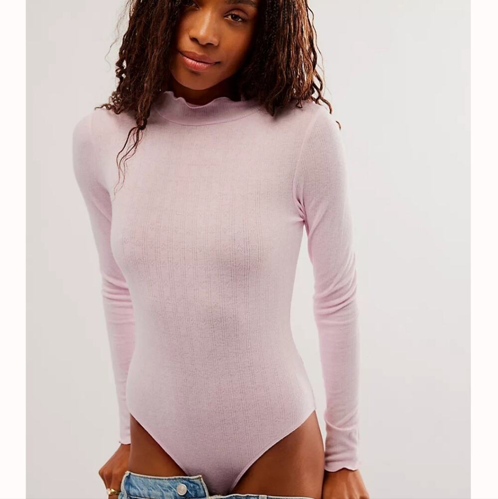 Free People Weekend Vibe Pointelle Mockneck Bodysuit Ballerina Pink XS